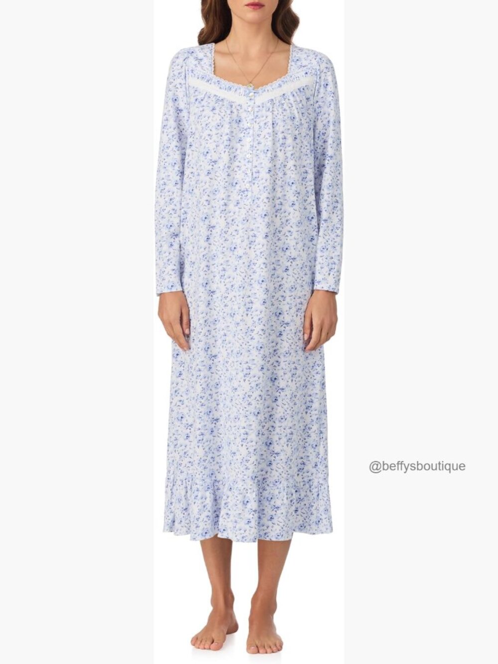Cotton Peached Jersey Knit Long Sleeve Nightgown with Lace